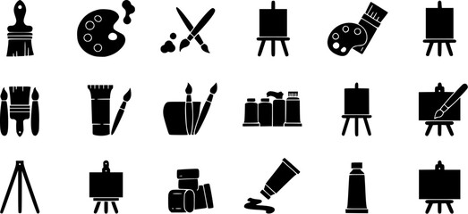 Black and white line drawing with painting equipment. Canvas, easel, paintbrush, tubes of paint.