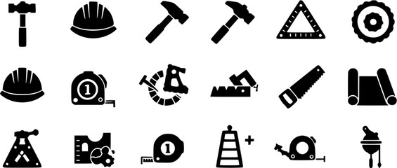 Black and white construction tools icon set illustration.