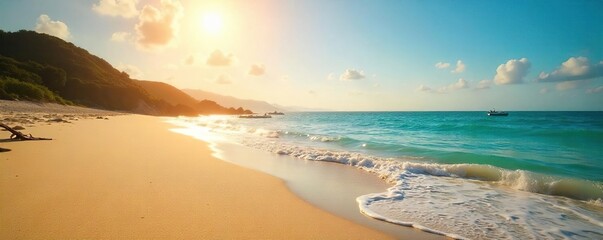 Serene Sandy Beach Sunbeam Warming Gentle Waves, Perfect for Summer Vacation Relaxation