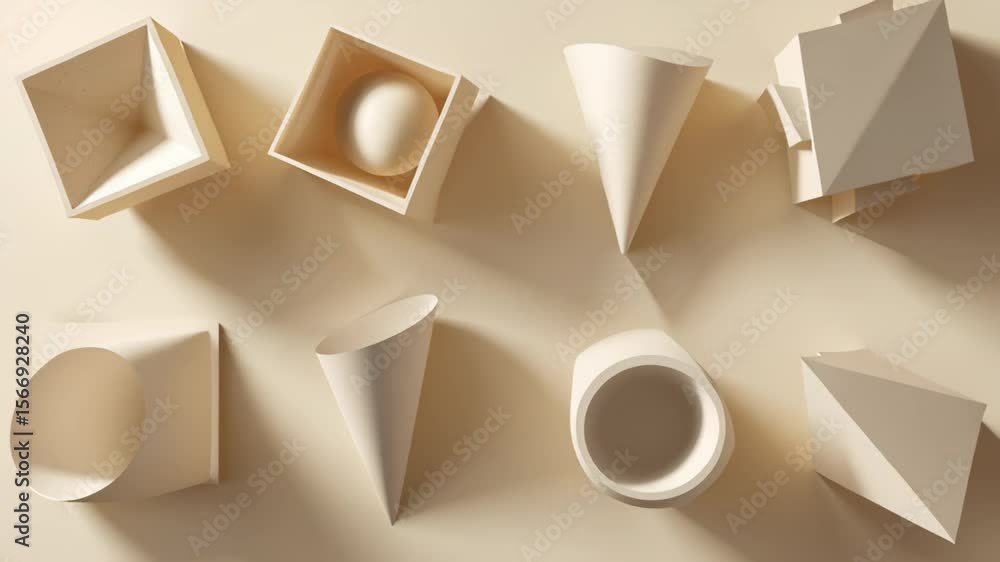 Poster abstract geometric shapes and objects on a beige background, with cones and a sphere demonstrating m