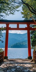 Serene Lake View Through a Traditional Torii Gate