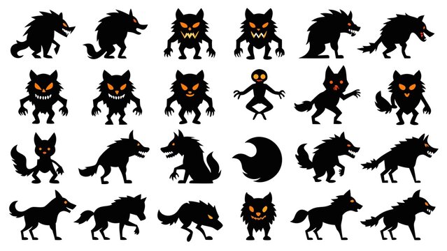 Photo of silhouetted werewolf monsters isolated on white background