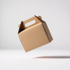Brown cardboard gift box with handle floating against a light grey background