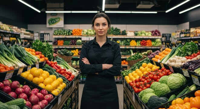 Professional grocer stands proudly amid vibrant produce aisles showcasing fresh fruits and vegetables in a modern grocery store setting