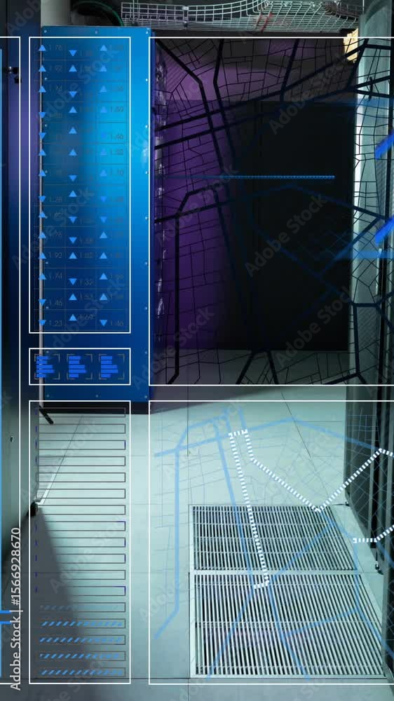 Poster Animation of interface with data processing against computer server room