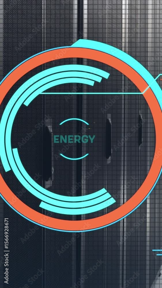 Poster animation of round scanner and data processing against computer server room