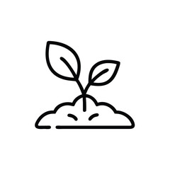 Line drawing a sprouting plant with two leaves emerging from soil on seedling