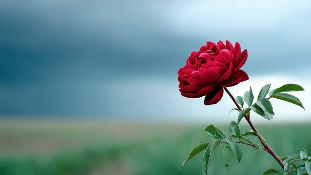 Red rose flower nature green leaf outdoor single bloom romantic closeup vibrant cloudy sky beauty stem garden fresh natural elegant delicate flora plant spring summer love peaceful landscape soft