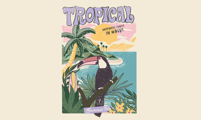 Toucan paradise artwork. Summer vibes artwork.  Enjoy beach life. Summer vibes artwork. Tropical bird with palm tree graphic print design. 