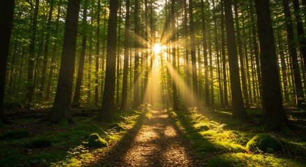 Obraz premium Sunburst Through Forest Canopy: Golden Light on Mossy Path