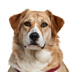 A soulful golden retriever mix with a white blaze portrait against a stark on transparent background
