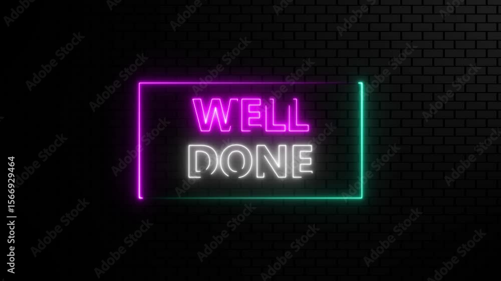 Poster well done neon light text on brick wall background motion animation. glowing large text concept loop