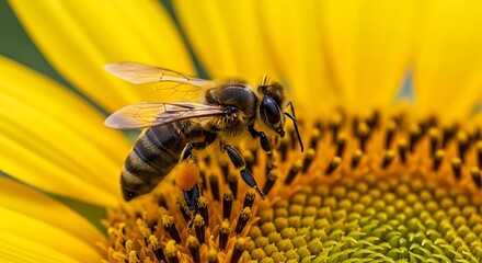 Honeybee Pollinating Sunflower Close-Up Macro Photography