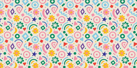Colorful Geometric Seamless Pattern with Playful Shapes and Floral Elements