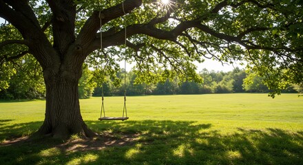 Obraz premium Sun-Drenched Meadow Swing Underneath Majestic Oak