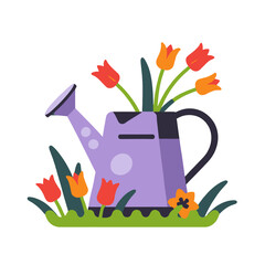 Whimsical Watering Can with Tulips- A Cartoon Illustration of Garden Flowers- Cute Garden Decor with Colorful Floral Arrangement- Ideal for Springtime Designs