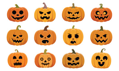 Set of halloween pumpkins, funny faces. Autumn holidays. vector design