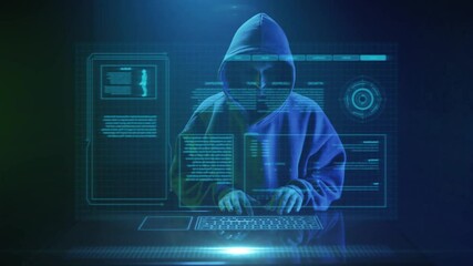 Hacker in hoodie using futuristic digital interface - Powered by Adobe