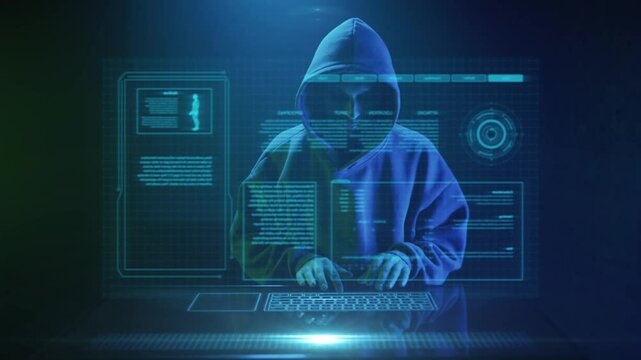 Hacker in hoodie using futuristic digital interface