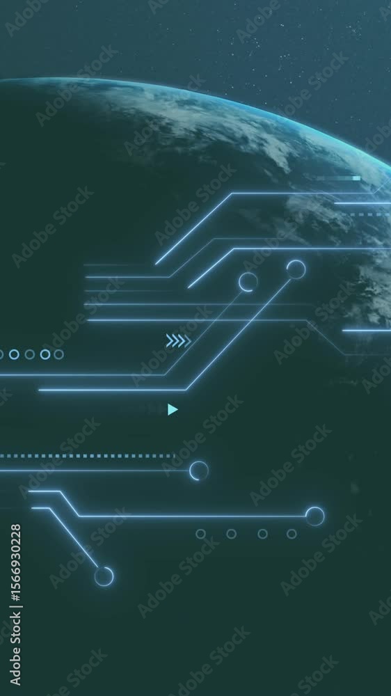 Poster animation of illuminated circuit board pattern over globe against space in background
