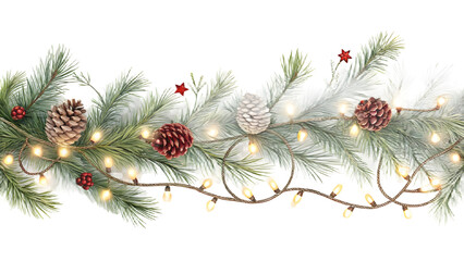 Watercolor Christmas garland with pine cones and glowing lights isolated on a transparent background