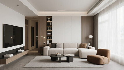 Fototapeta premium This contemporary living room showcases a minimalist aesthetic with warm, neutral tones.
