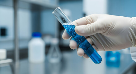 Hand holding test tube with blue liquid
