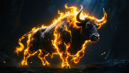 A dramatic, digitally enhanced image of a bull engulfed in vibrant orange flames.