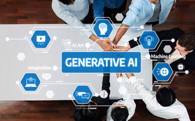 This image captures a team collaborating on generative AI concepts, emphasizing teamwork and...