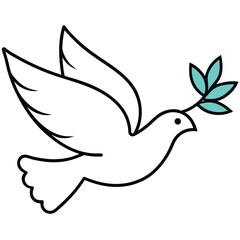 Single Line Outline White Dove Carrying Teal Olive Branch Illustration peace bird