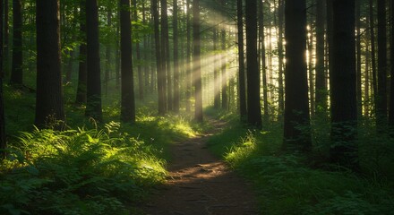 Naklejka premium Sun-Kissed Path: Ethereal Light Through Forest Canopy, Lush Greenery