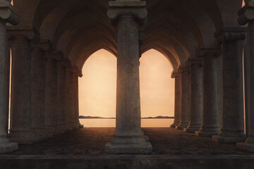 Stoa hall with ionic columns and view to beautiful sunset. 3D Rendering