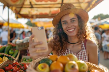 Farmer smiling and taking pictures of fresh produce at local farmers market