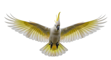 Flying sulphur crested cockatoo wings spread isolated on black background wildlife bird photography on transparent background