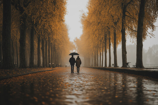 Romantic couple walking under umbrella on cobblestone path with autumn trees, falling leaves, fog, and wet reflections. Warm tones, cinematic mood, lifestyle look, shot from behind
