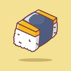 Cute tamago sushi vector illustration with adorable face in cartoon style. Suitable for Japanese food design, kids menu, sticker, mascot, or kawaii-themed project. Simple, clean, and colorful.