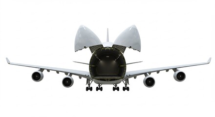 巨大貨物機 開口部 明るく輝く 白い機体 空輸準備完了. AI Generated
