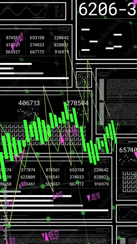 Aufkleber animation of interfaces with data processing against black background