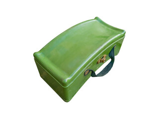 Green anti-personnel landmine with curved top and fabric handle is isolated.