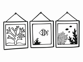 Three framed underwater scenes with coral and fish isolated on white background