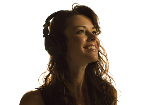 Portrait of a smiling woman with long brown hair looking up.