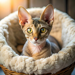 Fototapeta premium Adorable Sphynx kitten resting in a wicker basket with a cream-colored bed. Intrigued gaze. indoors. on soft surface. Pet owner with home pet. cat. cozy resting place. living room.