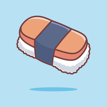 Vector illustration of spam musubi sushi in cute cartoon style. Perfect for Asian food branding, menu design, children&rsquo;s content, and kawaii vector collections. Clean lines and pastel background.