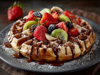 Close-up of a plate of a beautifully presented Belgian waffle, loaded with fresh strawberries, kiwi, blackberries, and banana slices.