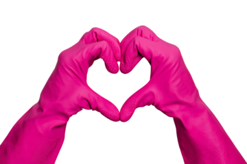 Pink cleaning gloves forming a heart shape.