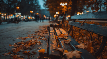 Cinematic autumn city park at sunset, golden fallen leaves covering benches and pathway, warm ambient dusk lighting, blurred motion of people walking in background, moody seasonal atmosphere, shallow