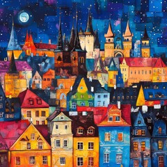 Prague night view: colorful castle, St. Nicholas', Czechia.
