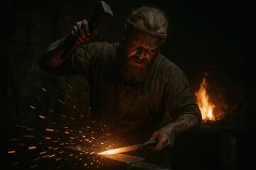 A blacksmith forging metal, sparks flying in a dark workshop with a fire in the background.