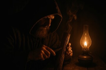 A cloaked figure carves runes into a wooden stick by lantern light, creating a mystical ambiance.
