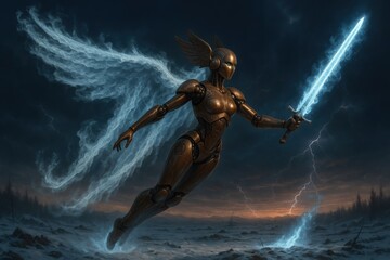A robotic figure with angel wings wields a glowing sword amidst a stormy backdrop.